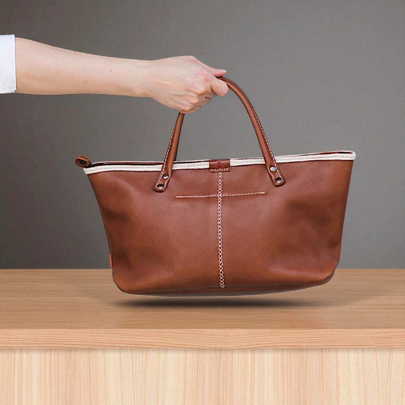 Cute genuine leather tote bag with zipper and decorative twine [3 sizes available] jb-32